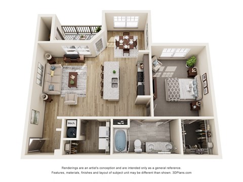Floor plan for 1 bed, 1 bath, 895 sqft